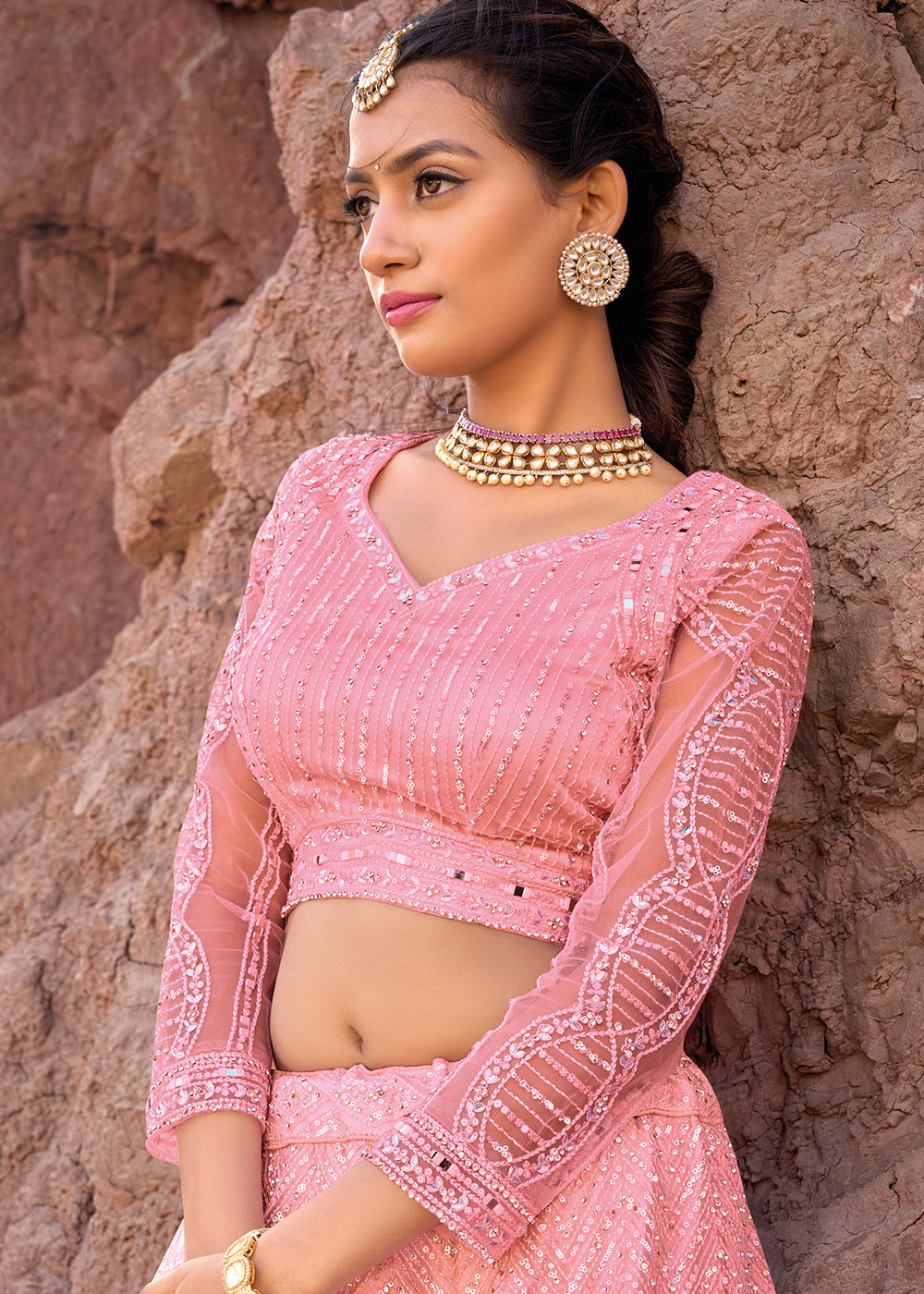 Creamy Pink Net lehenga Choli with Mirror,Zarkan & Cutwork | Ready To Wear - qivii