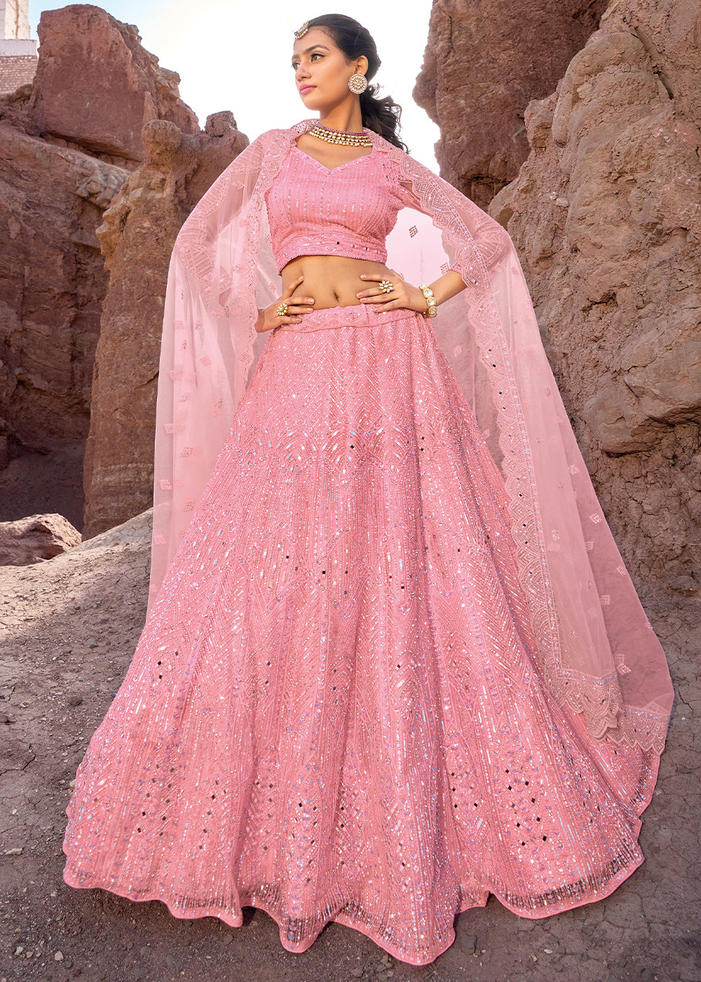 Creamy Pink Net lehenga Choli with Mirror,Zarkan & Cutwork | Ready To Wear - qivii