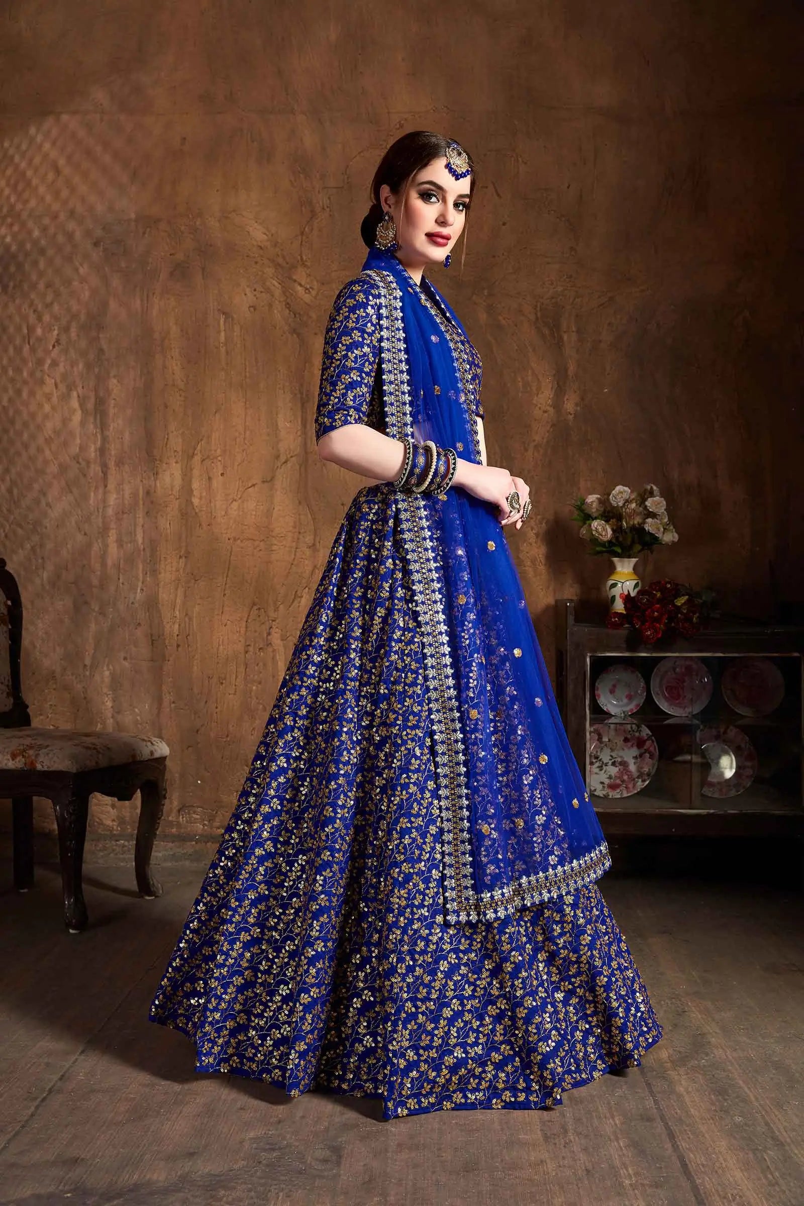 Royal Blue And Golden Silk Lehenga With Zari And Sequins Heavy Embroidery Work | Ready To Wear - qivii