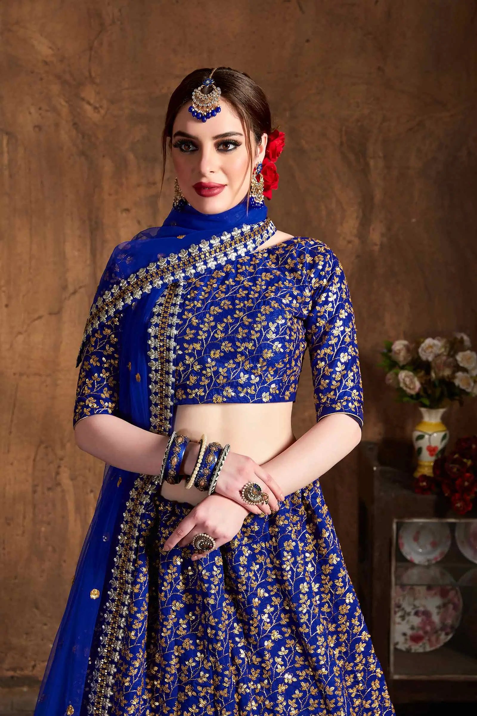 Royal Blue And Golden Silk Lehenga With Zari And Sequins Heavy Embroidery Work | Ready To Wear - qivii