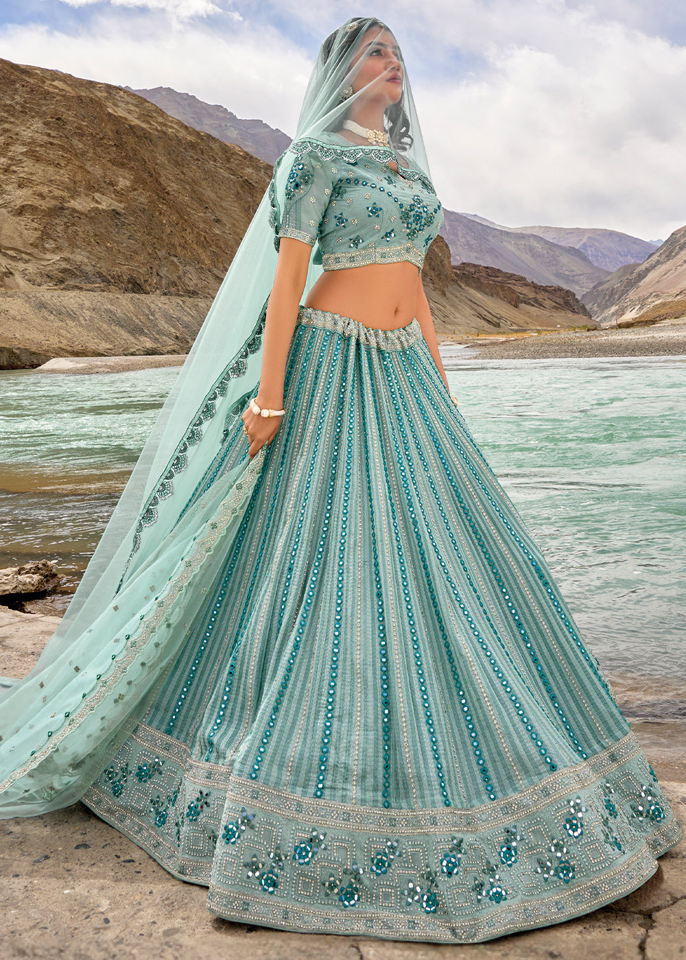 Shades Of Blue lehenga Choli with Mirror,Zarkan & Cutwork | Ready To Wear - qivii