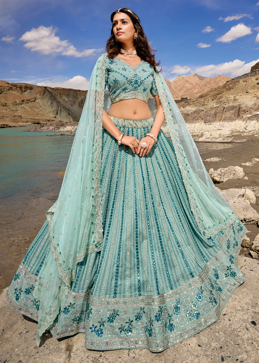 Shades Of Blue lehenga Choli with Mirror,Zarkan & Cutwork | Ready To Wear - qivii