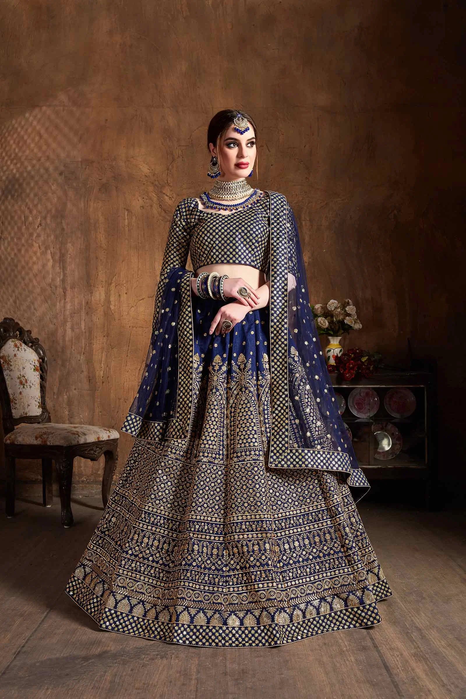 Navy Blue Silk Lehenga With Zari And Glitter Sequins Embroidery Work | Ready To Wear - qivii