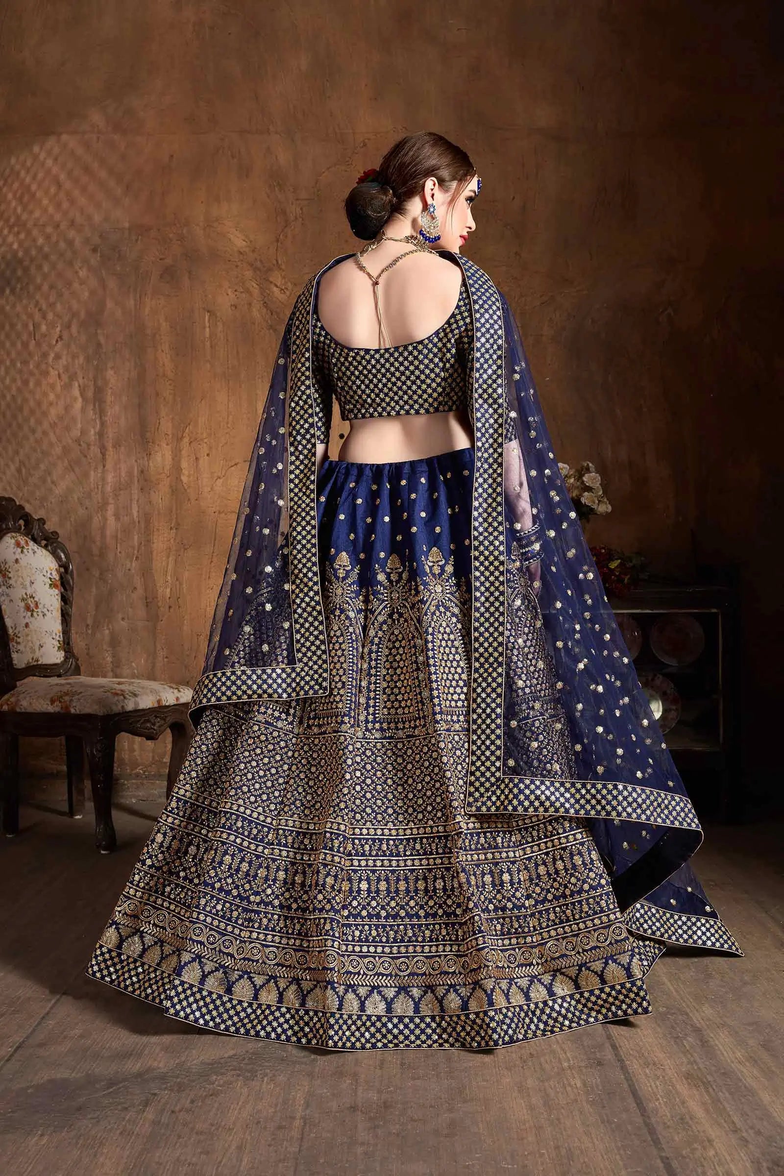 Navy Blue Silk Lehenga With Zari And Glitter Sequins Embroidery Work | Ready To Wear - qivii