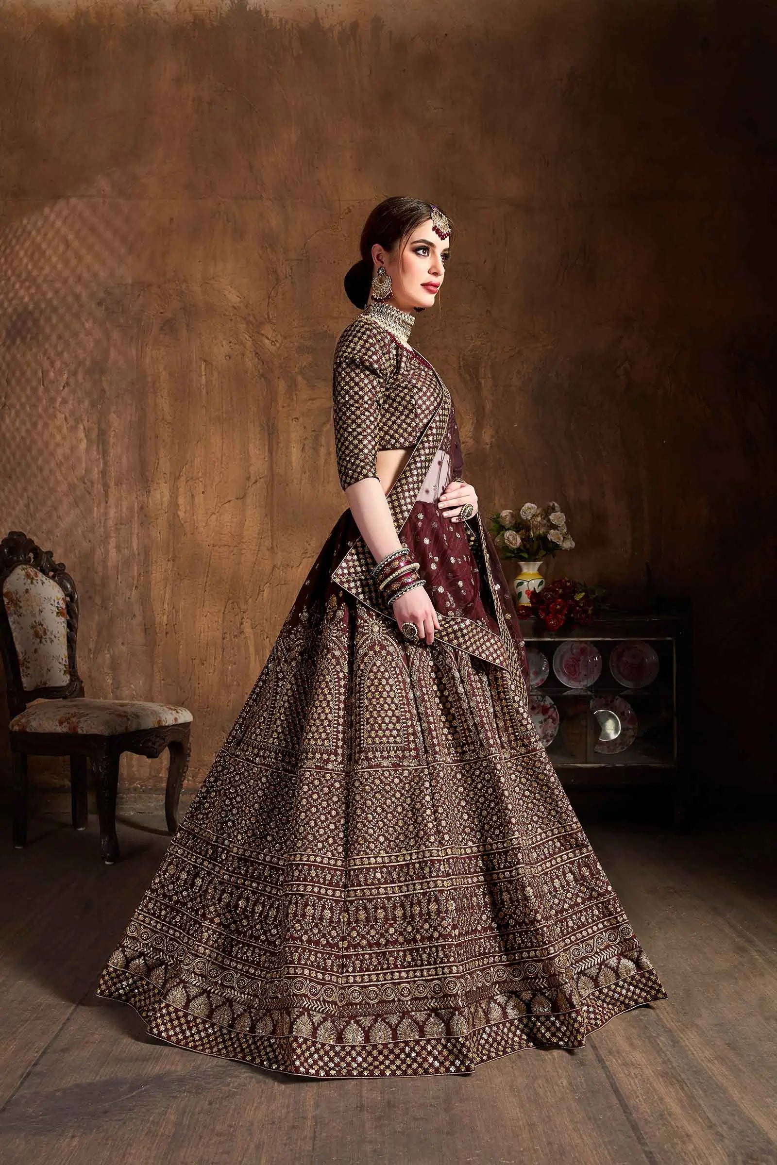 Maroon Red Zari And Glitter Sequins Embroidery Work Silk Lehenga Choli | Ready To Wear - qivii