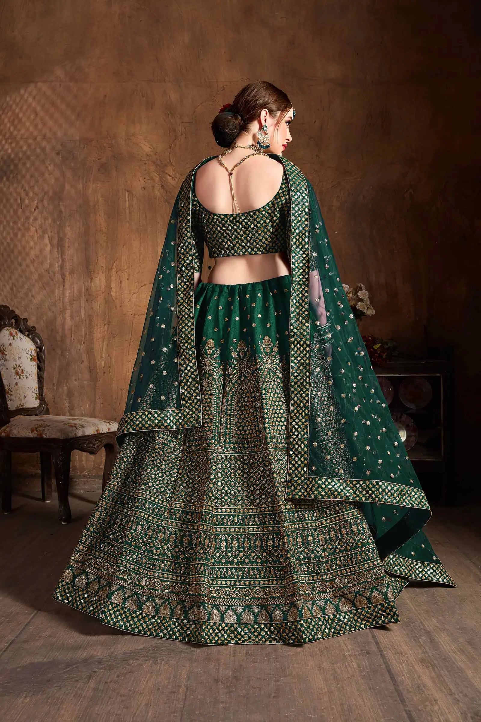 Dark Green Silk Lehenga With Zari And Glitter Sequins Embroidery Work | Ready To Wear - qivii