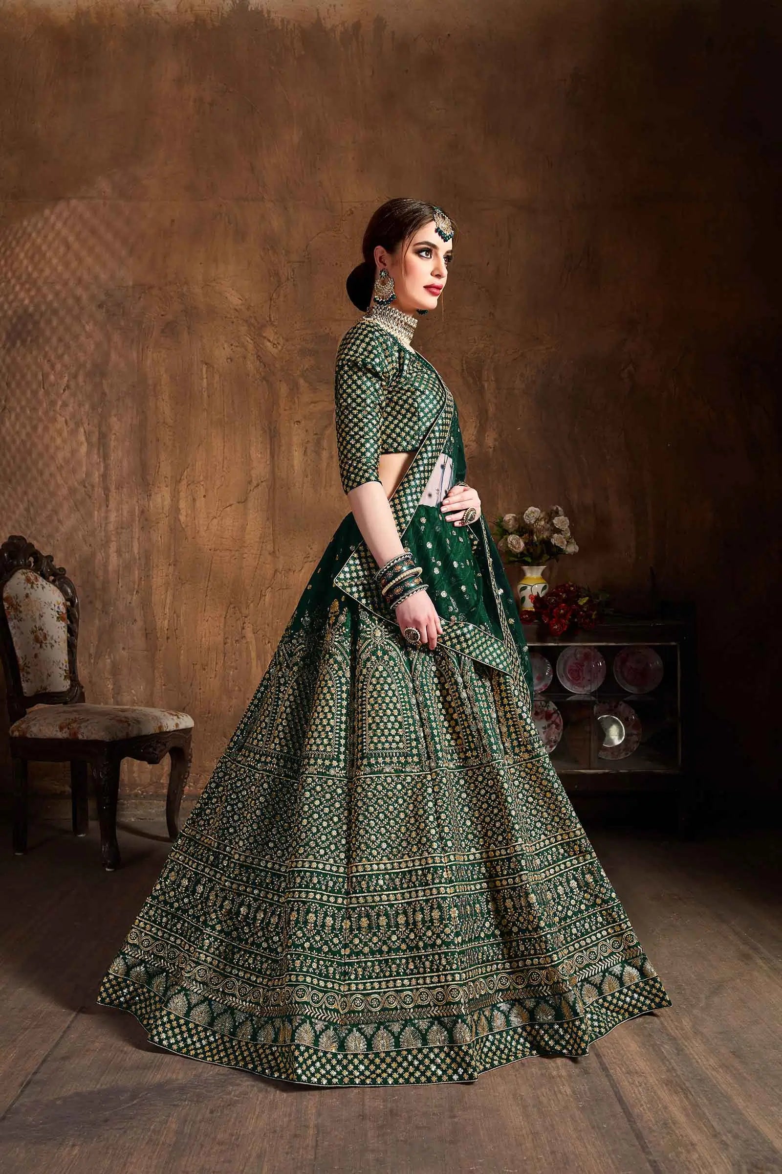 Dark Green Silk Lehenga With Zari And Glitter Sequins Embroidery Work | Ready To Wear - qivii