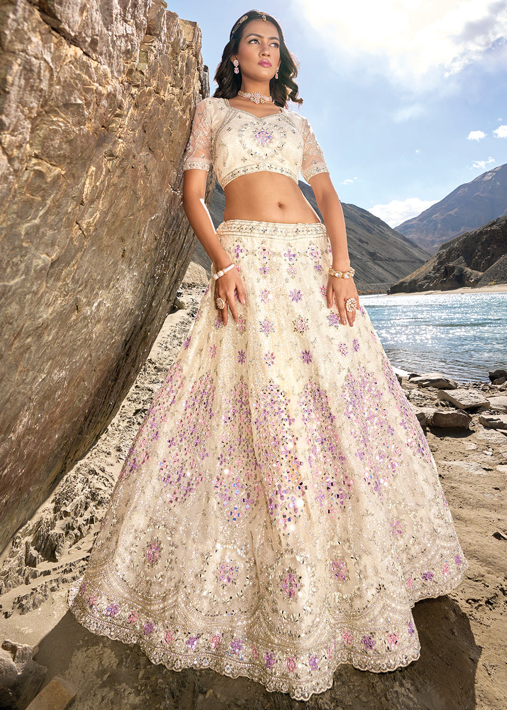 Ivory White Net lehenga Choli with Mirror,Zarkan & Cutwork | Ready To Wear - qivii
