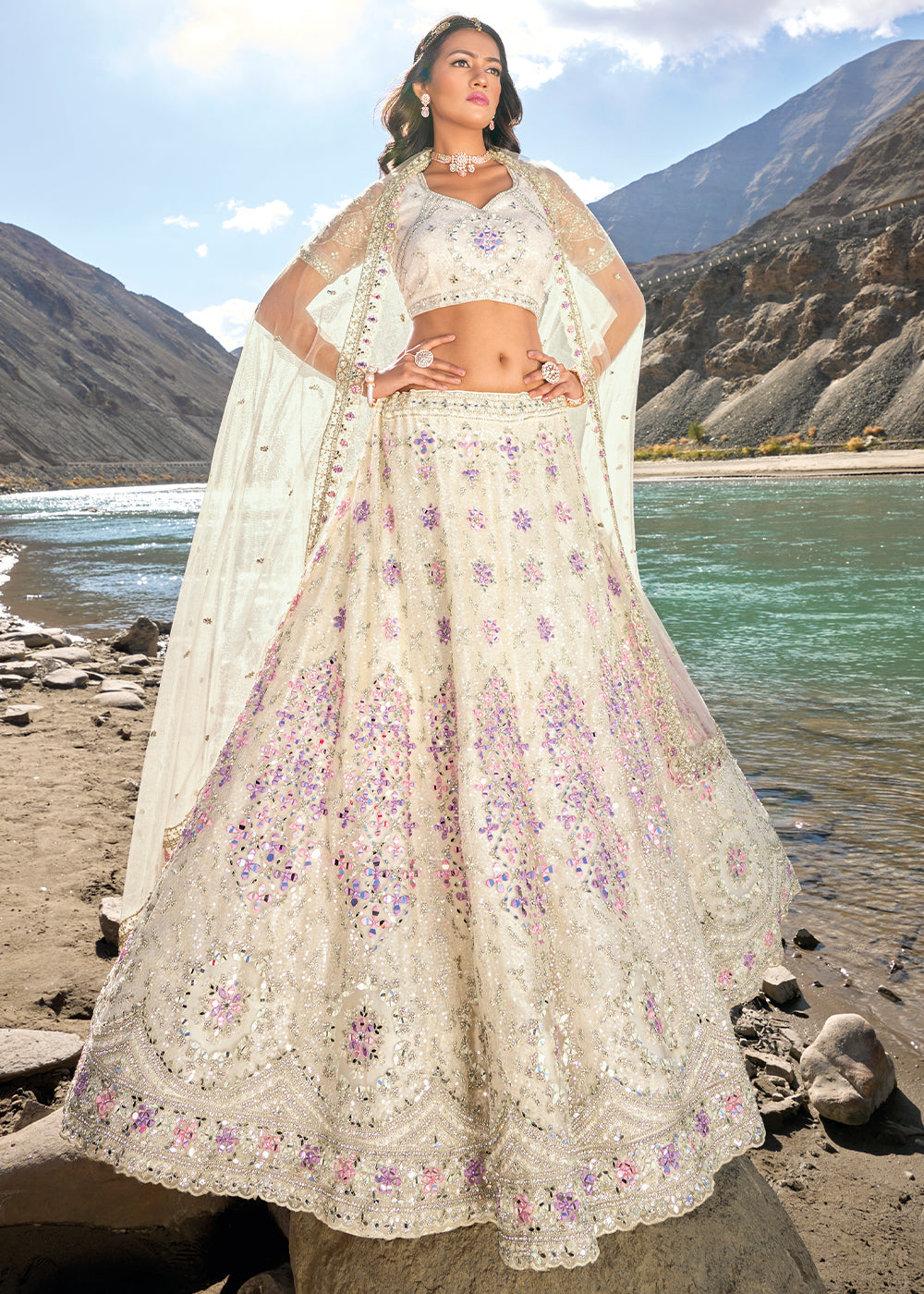 Ivory White Net lehenga Choli with Mirror,Zarkan & Cutwork | Ready To Wear - qivii