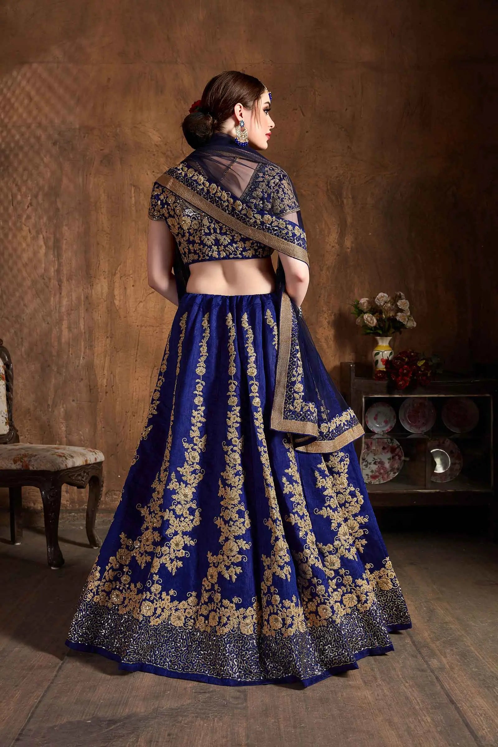 Dark Indigo Silk Lehenga With Zari And Glitter Sequins Embroidery Work | Ready To Wear - qivii
