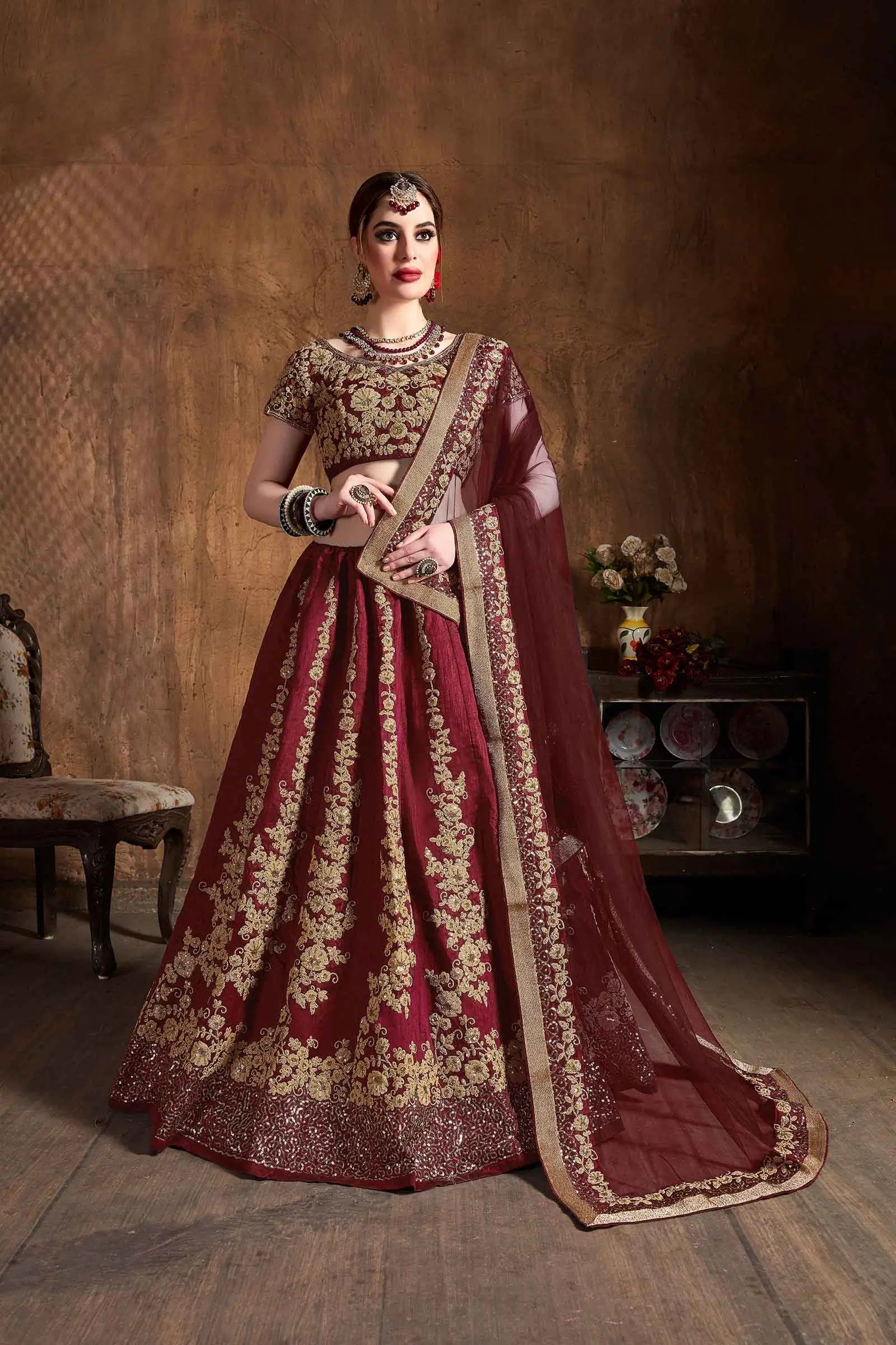 Red Maroon Silk Lehenga With Zari And Glitter Sequins Embroidery Work | Ready To Wear - qivii