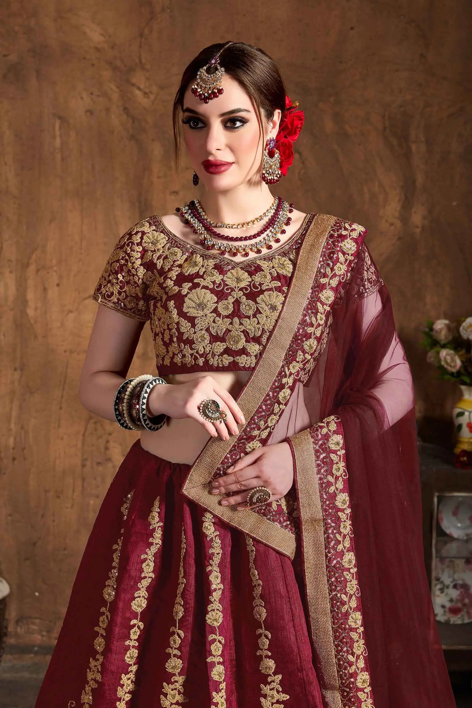 Red Maroon Silk Lehenga With Zari And Glitter Sequins Embroidery Work | Ready To Wear - qivii