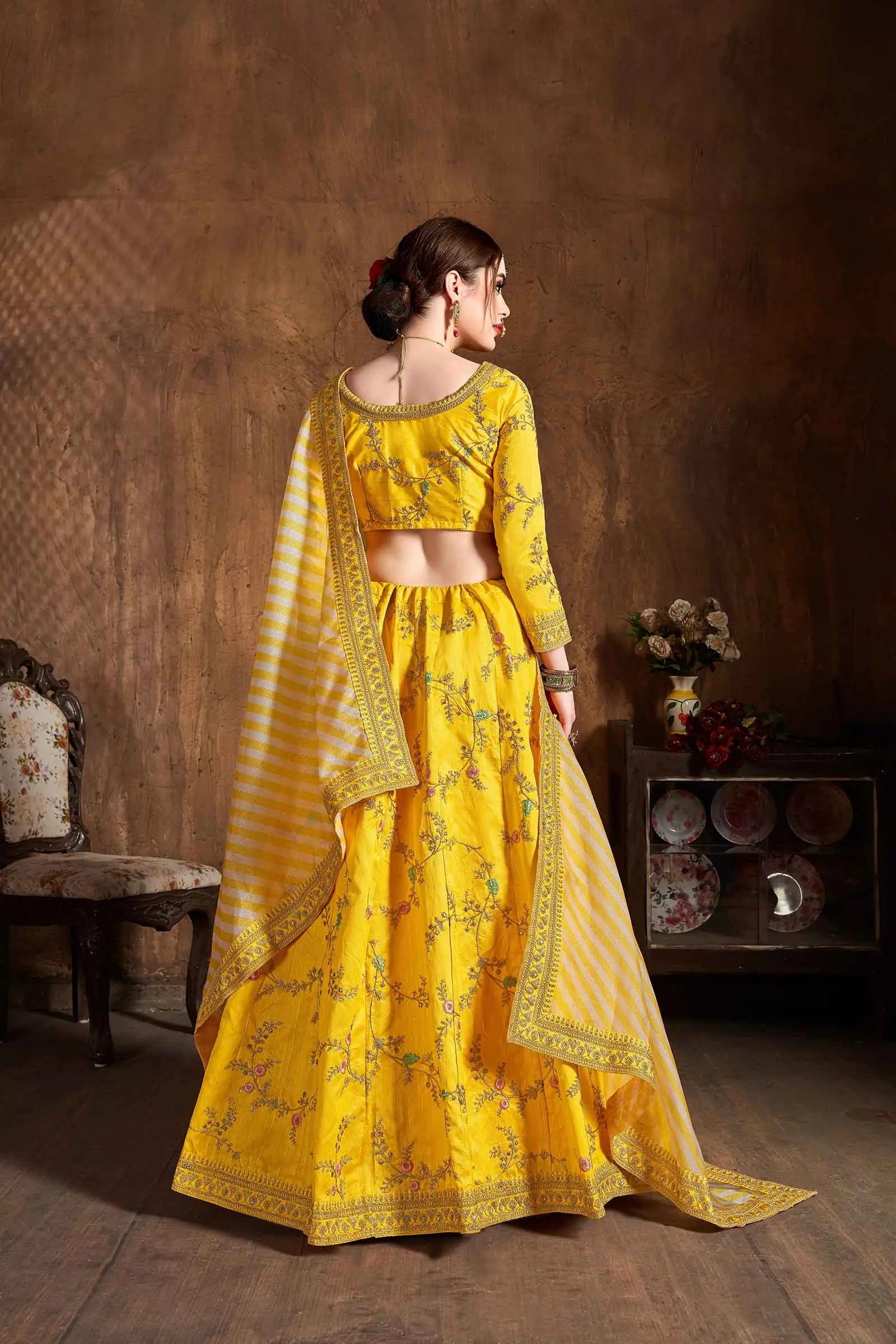 Yellow Silk Lehenga With Thread Zari Dori And Sequins Embroidery Work | Ready To Wear - qivii