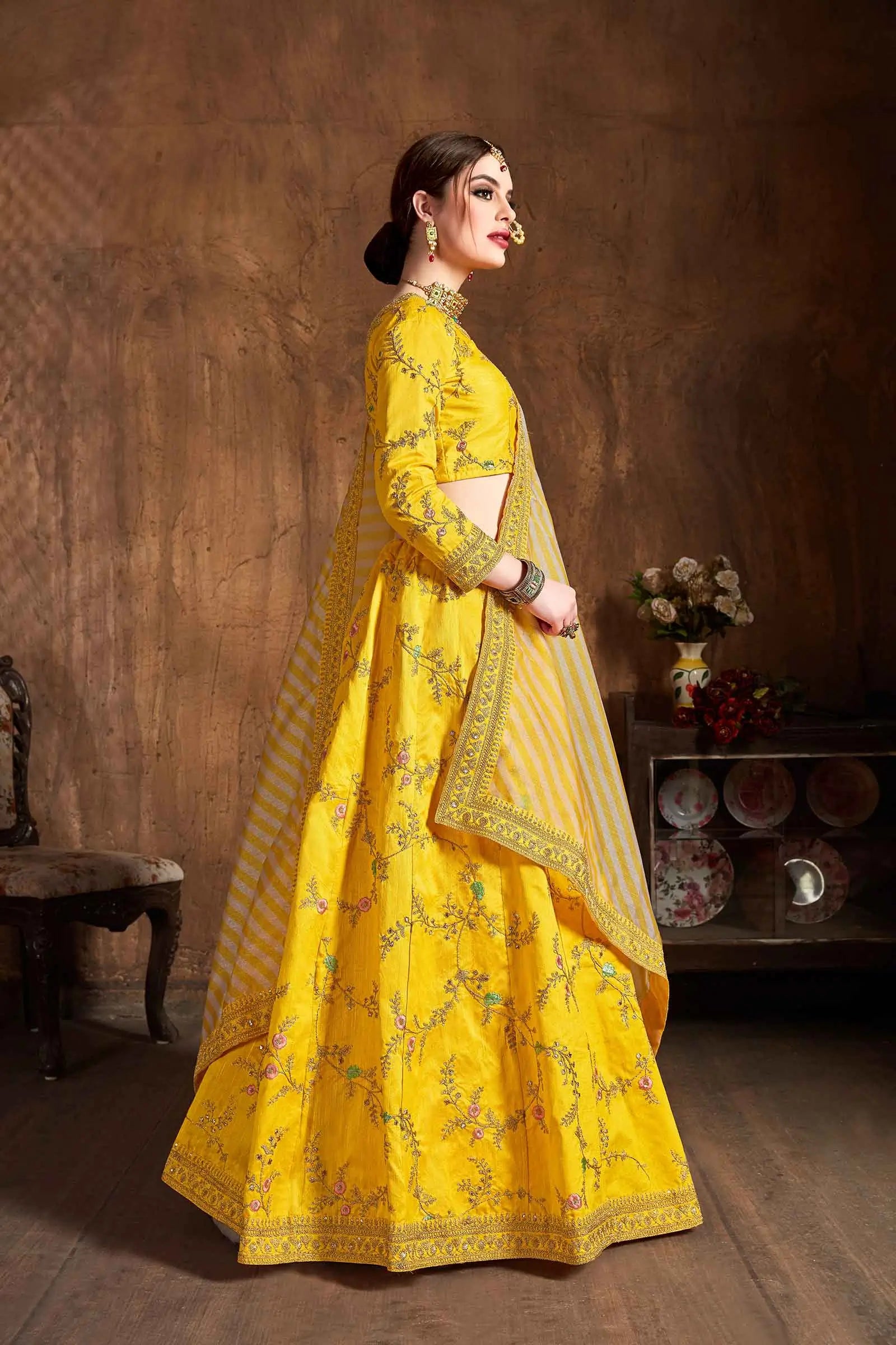 Yellow Silk Lehenga With Thread Zari Dori And Sequins Embroidery Work | Ready To Wear - qivii