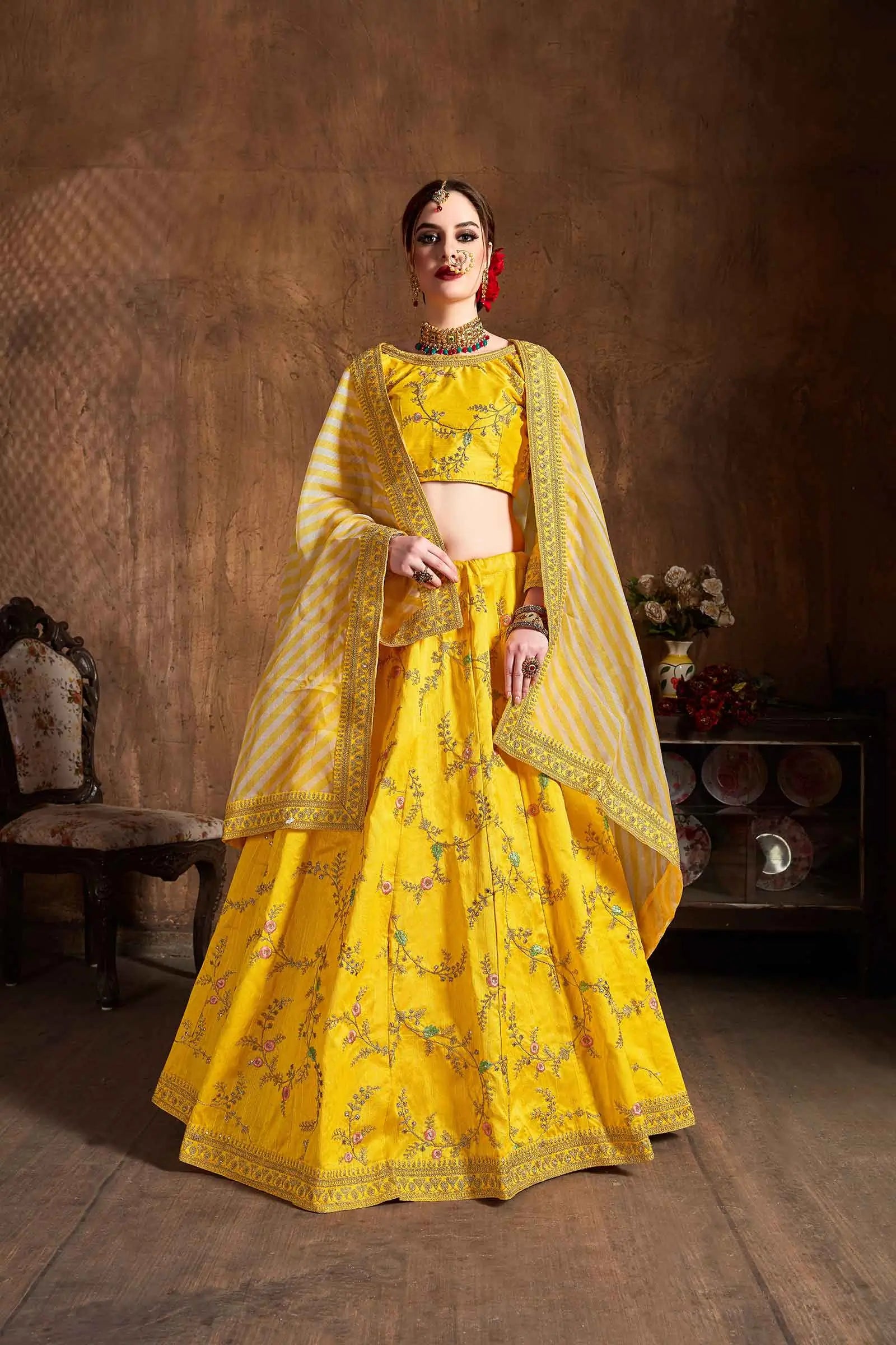 Yellow Silk Lehenga With Thread Zari Dori And Sequins Embroidery Work | Ready To Wear - qivii