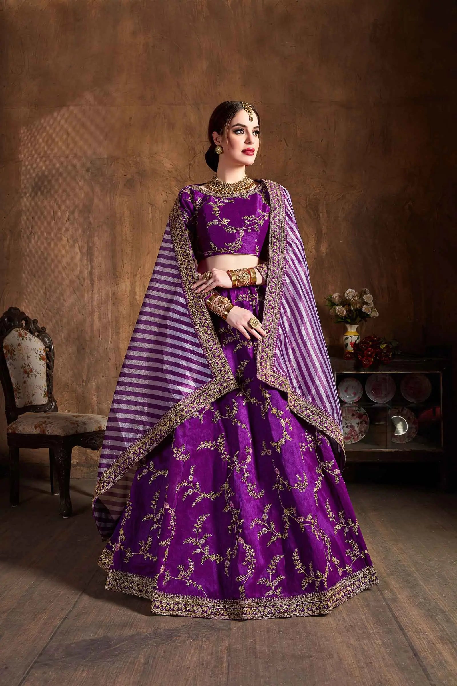 Purple Silk Lehenga With Thread Zari Dori And Sequins Embroidery Work | Ready To Wear - qivii