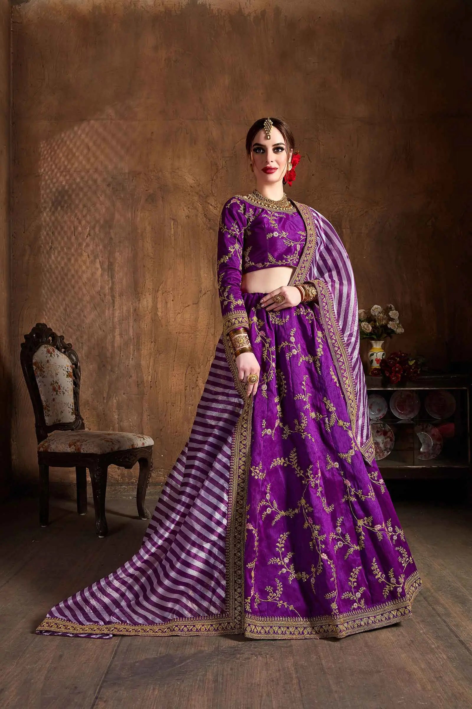 Purple Silk Lehenga With Thread Zari Dori And Sequins Embroidery Work | Ready To Wear - qivii