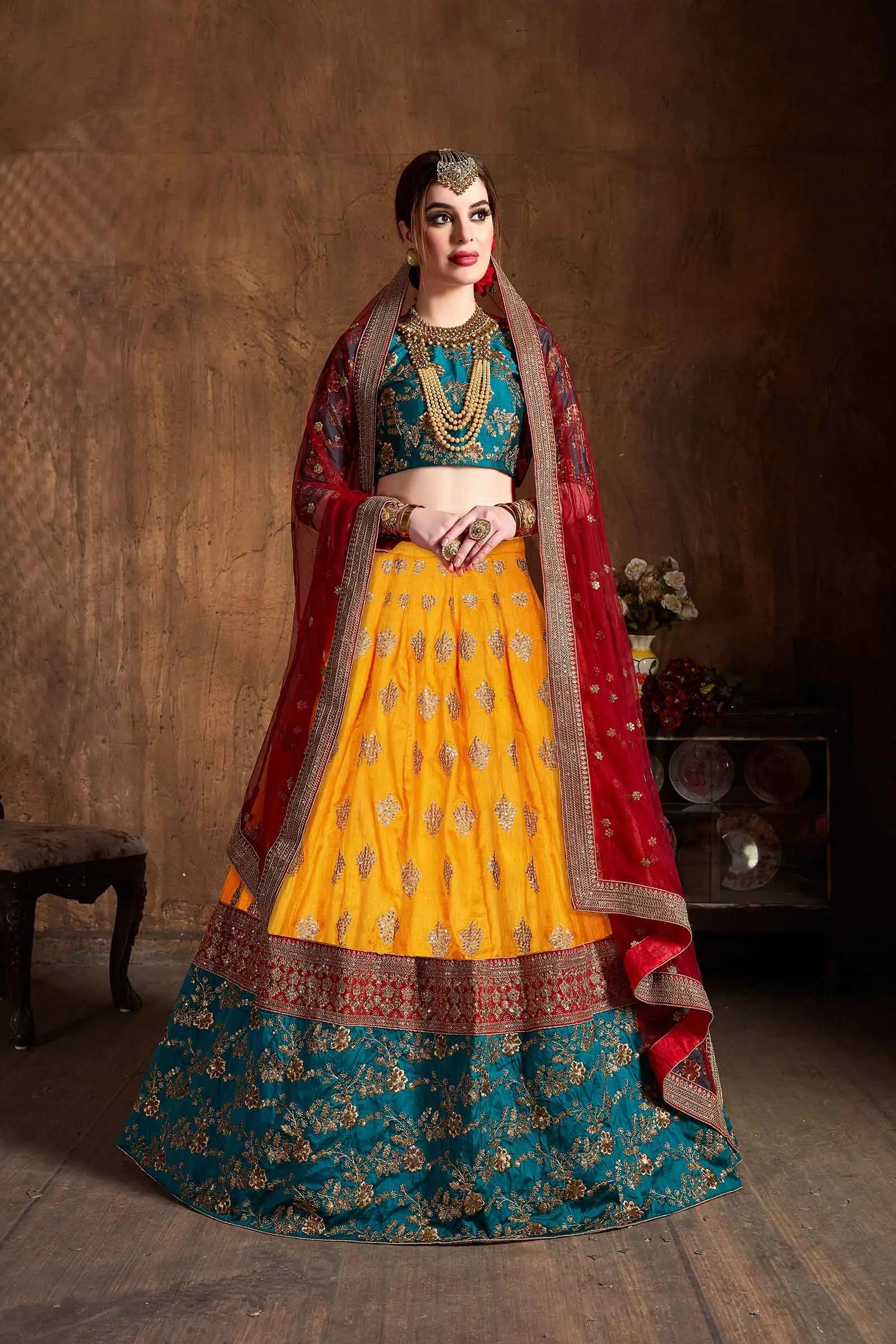Bee Yellow Silk Lehenga With Zari Dori And Sequins Embroidery Work | Ready To Wear - qivii