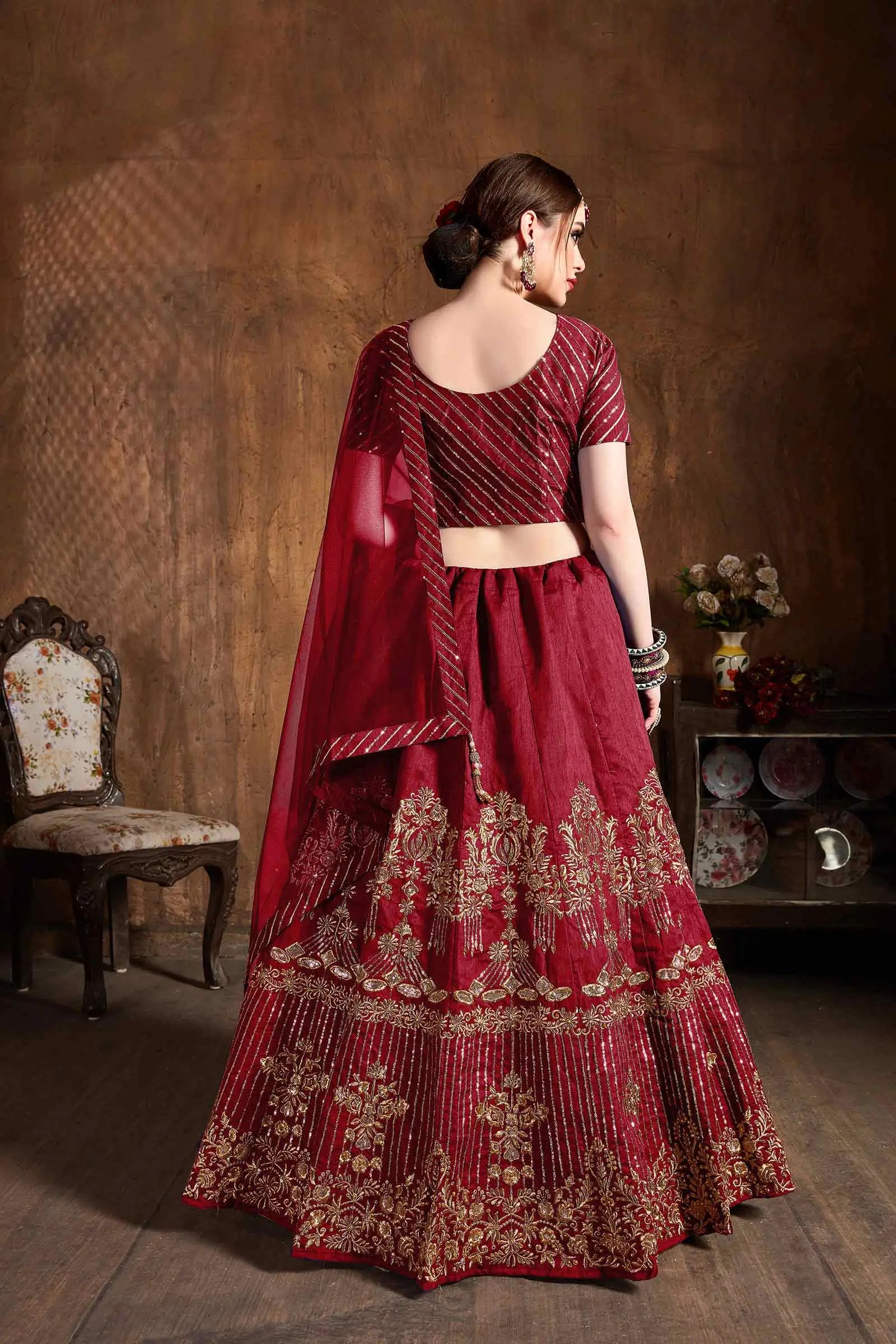Brownish Red Silk Lehenga With Zari And Sequins Embroidery And Diamond Work | Ready To Wear - qivii
