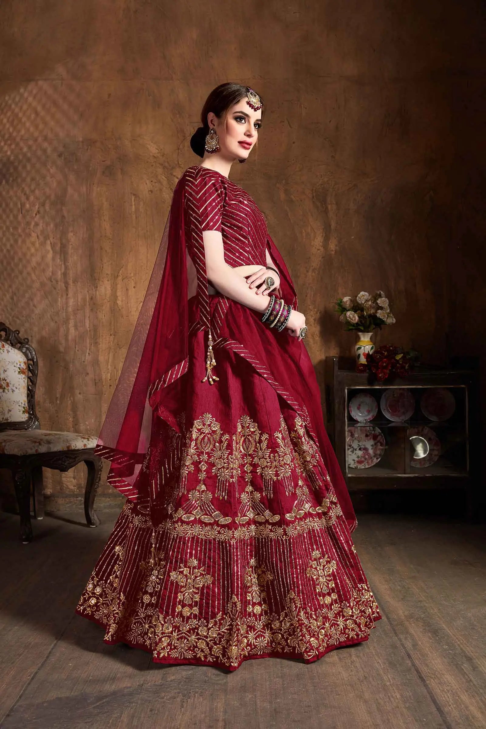 Brownish Red Silk Lehenga With Zari And Sequins Embroidery And Diamond Work | Ready To Wear - qivii
