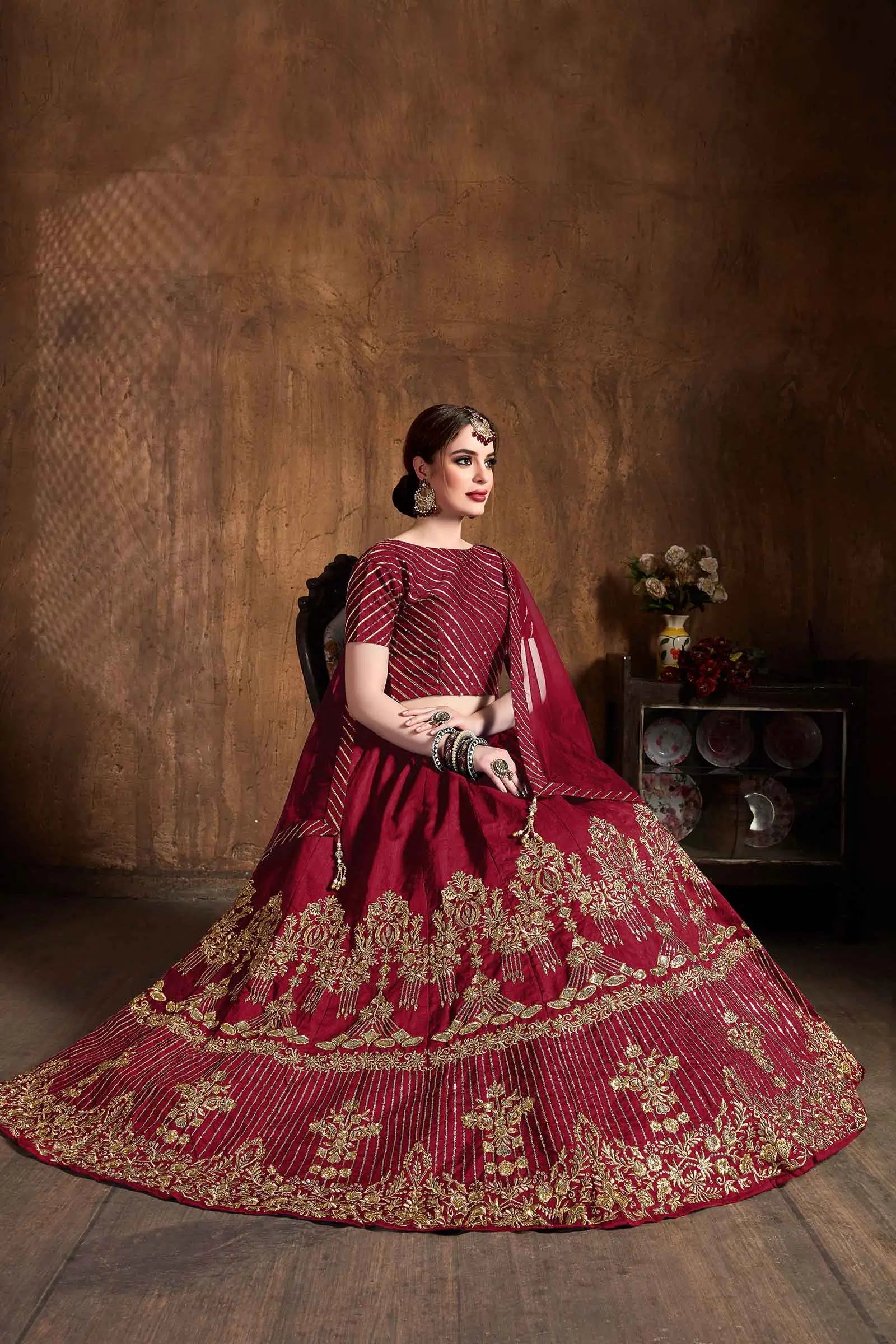Brownish Red Silk Lehenga With Zari And Sequins Embroidery And Diamond Work | Ready To Wear - qivii