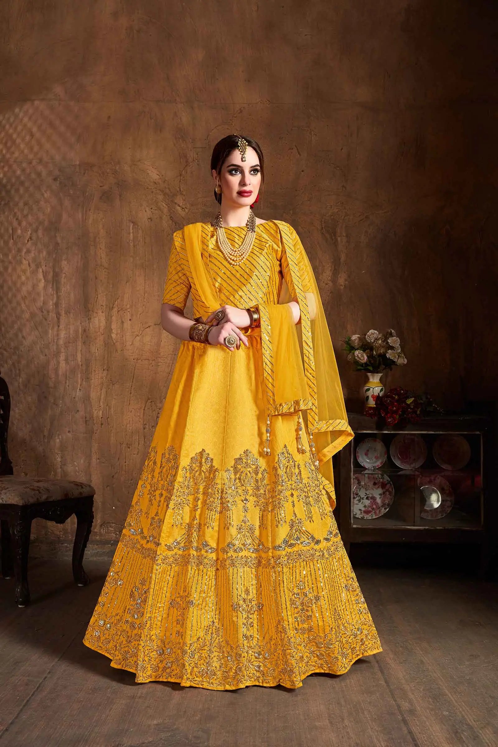 Yellow Silk Lehenga With Zari And Sequins Embroidery And Diamond Work | Ready To Wear - qivii