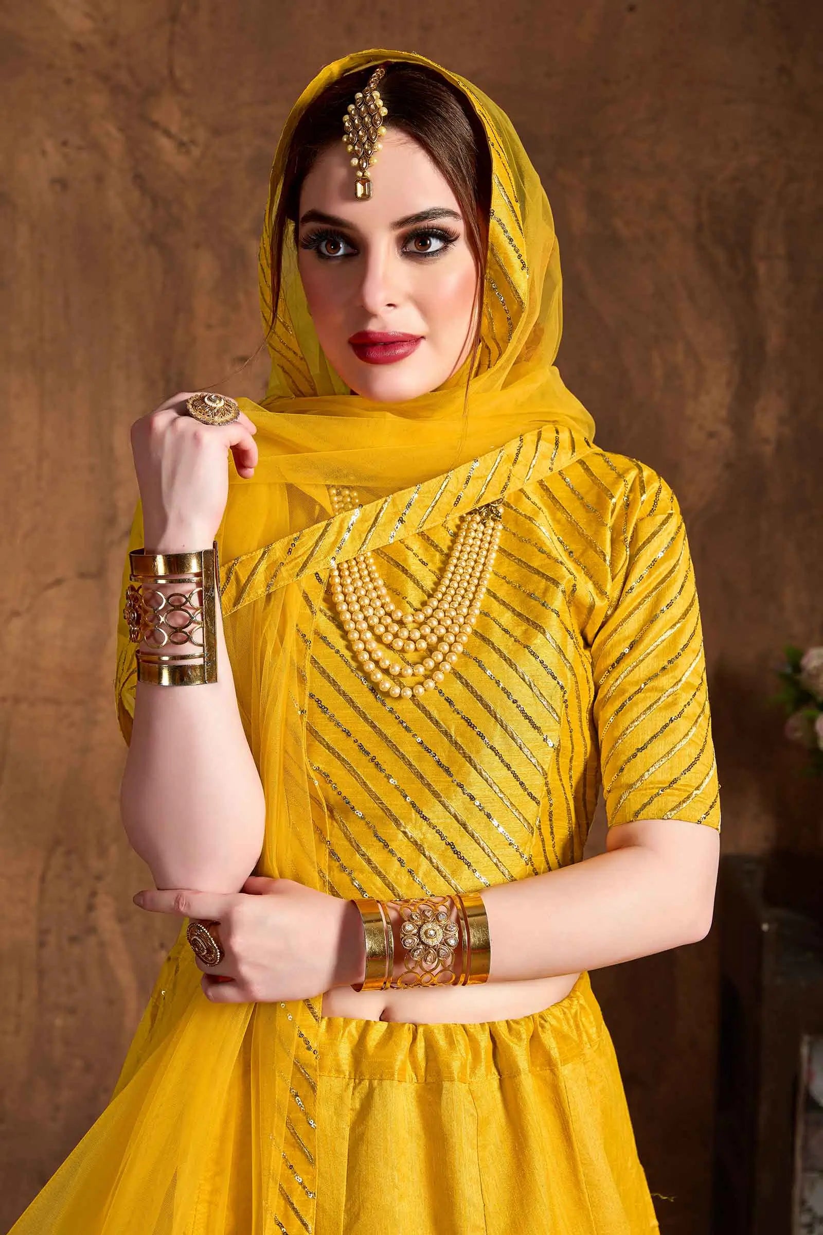 Yellow Silk Lehenga With Zari And Sequins Embroidery And Diamond Work | Ready To Wear - qivii
