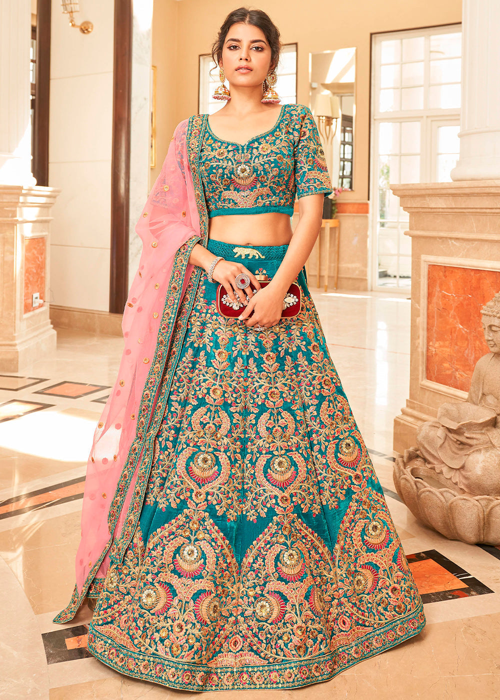 Teal Blue Velvet Lehenga Choli with Thread, Zari,Dori & Sequins work | Ready To Wear - qivii