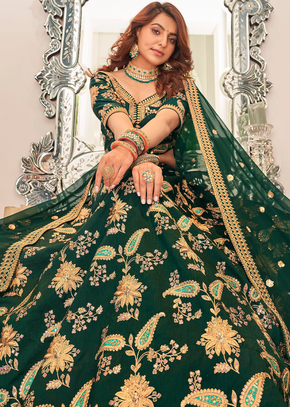Deep Green Art Silk Lehenga Choli with Thread, Zari,Dori & Sequins work | Ready To Wear - qivii