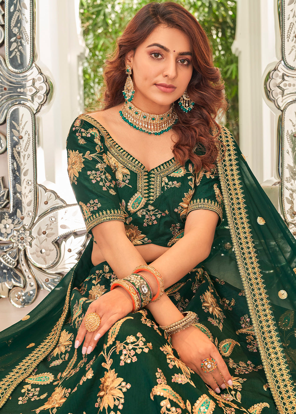 Deep Green Art Silk Lehenga Choli with Thread, Zari,Dori & Sequins work | Ready To Wear - qivii