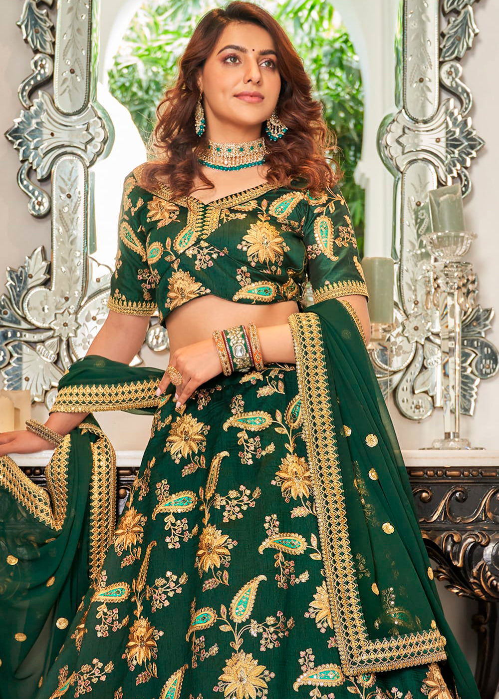 Deep Green Art Silk Lehenga Choli with Thread, Zari,Dori & Sequins work | Ready To Wear - qivii