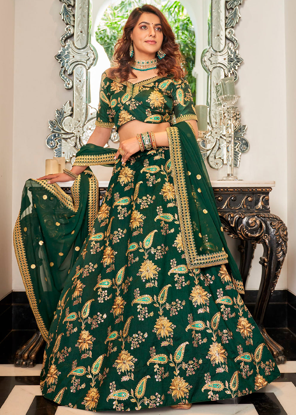 Deep Green Art Silk Lehenga Choli with Thread, Zari,Dori & Sequins work | Ready To Wear - qivii
