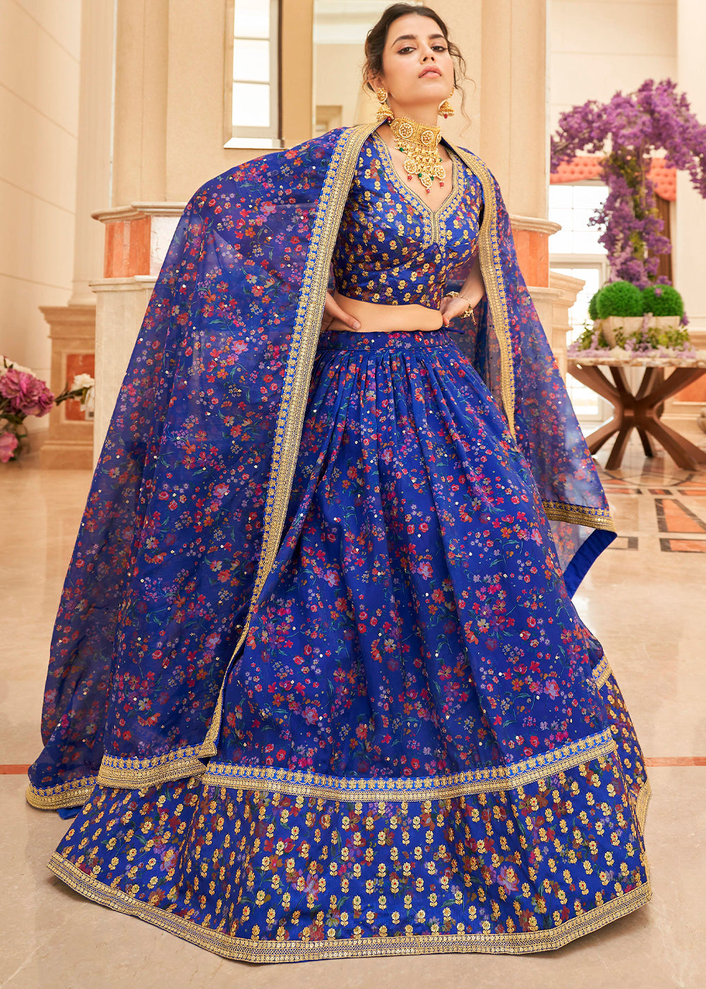 Admiral Blue Organza Lehenga with Thread, Zari,Dori & Sequins work | Ready To Wear - qivii
