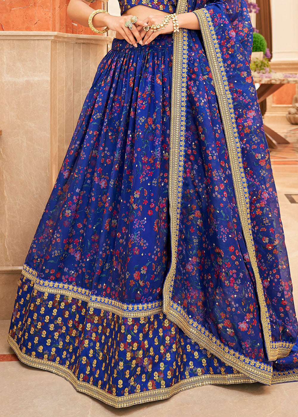Admiral Blue Organza Lehenga with Thread, Zari,Dori & Sequins work | Ready To Wear - qivii