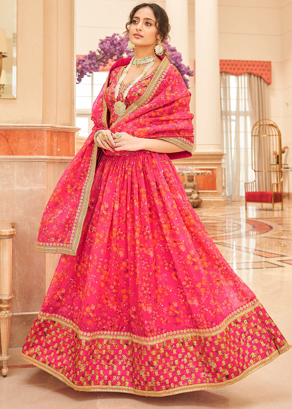 French Pink Organza Lehenga with Thread, Zari,Dori & Sequins work | Ready To Wear - qivii