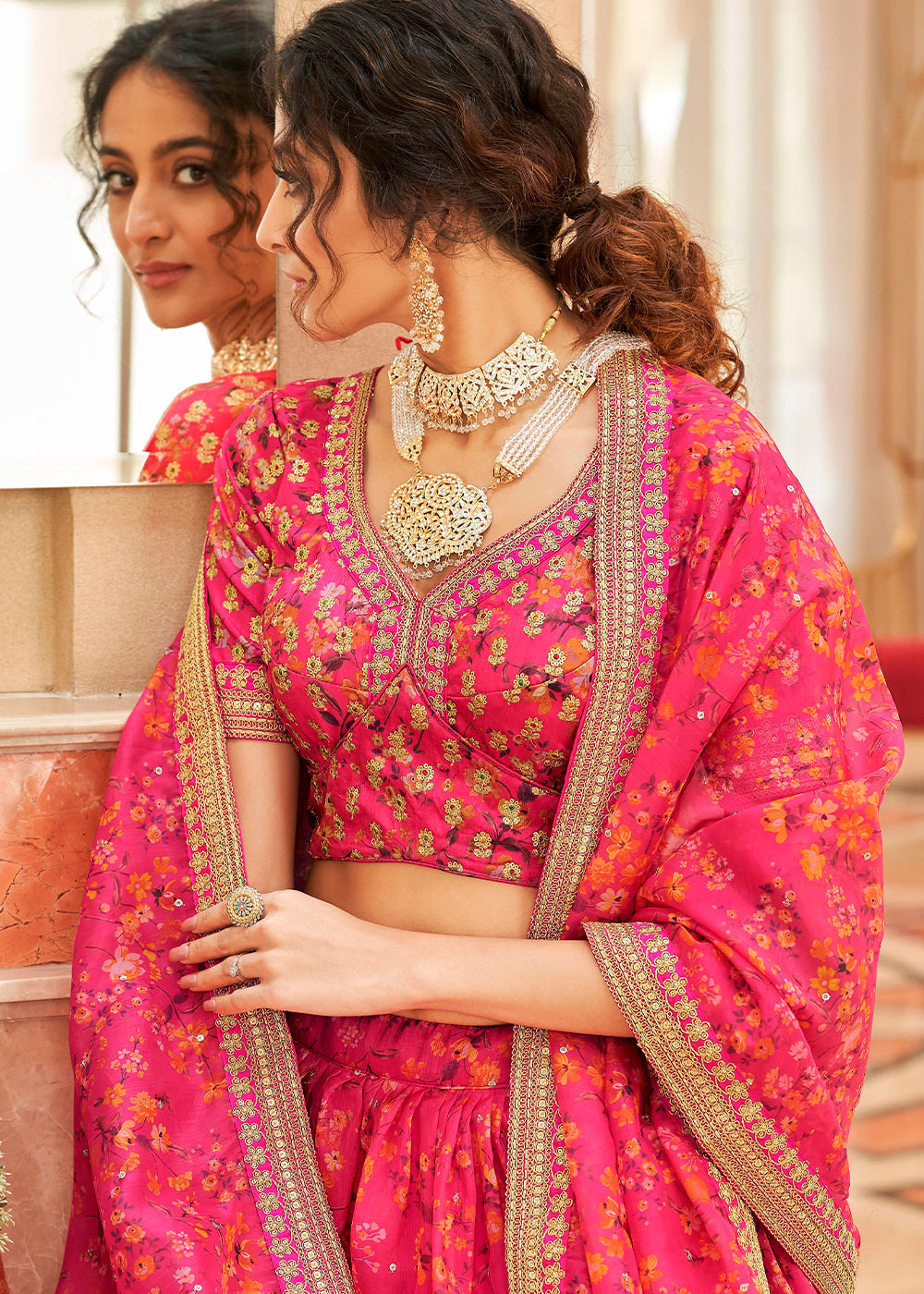 French Pink Organza Lehenga with Thread, Zari,Dori & Sequins work | Ready To Wear - qivii