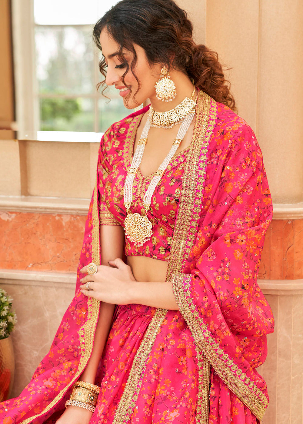 French Pink Organza Lehenga with Thread, Zari,Dori & Sequins work | Ready To Wear - qivii