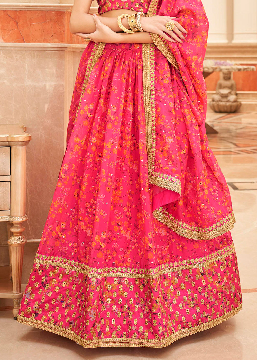 French Pink Organza Lehenga with Thread, Zari,Dori & Sequins work | Ready To Wear - qivii