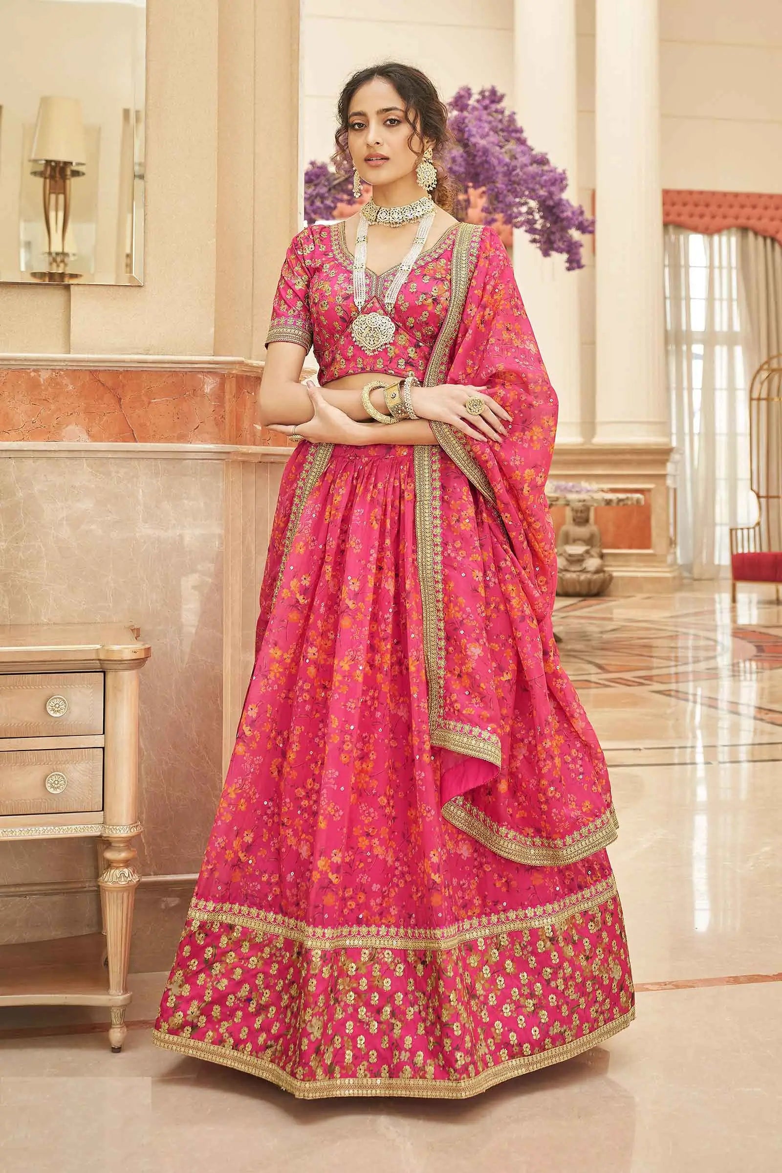 Pink Organza Floral Print Lehenga With Thread Zari Dori And Sequins Embroidery Work | Ready To Wear - qivii