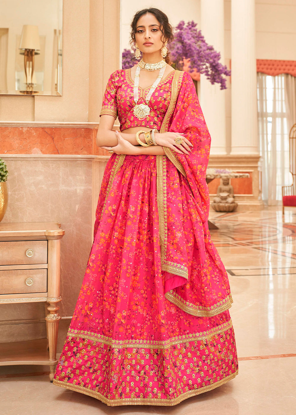 French Pink Organza Lehenga with Thread, Zari,Dori & Sequins work | Ready To Wear - qivii