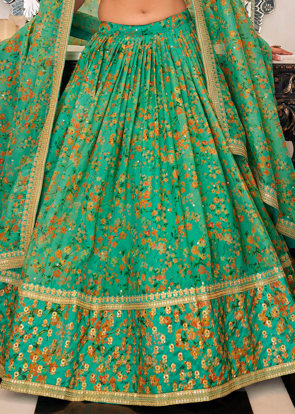 Jade Green Organza Lehenga with Thread, Zari,Dori & Sequins work | Ready To Wear - qivii