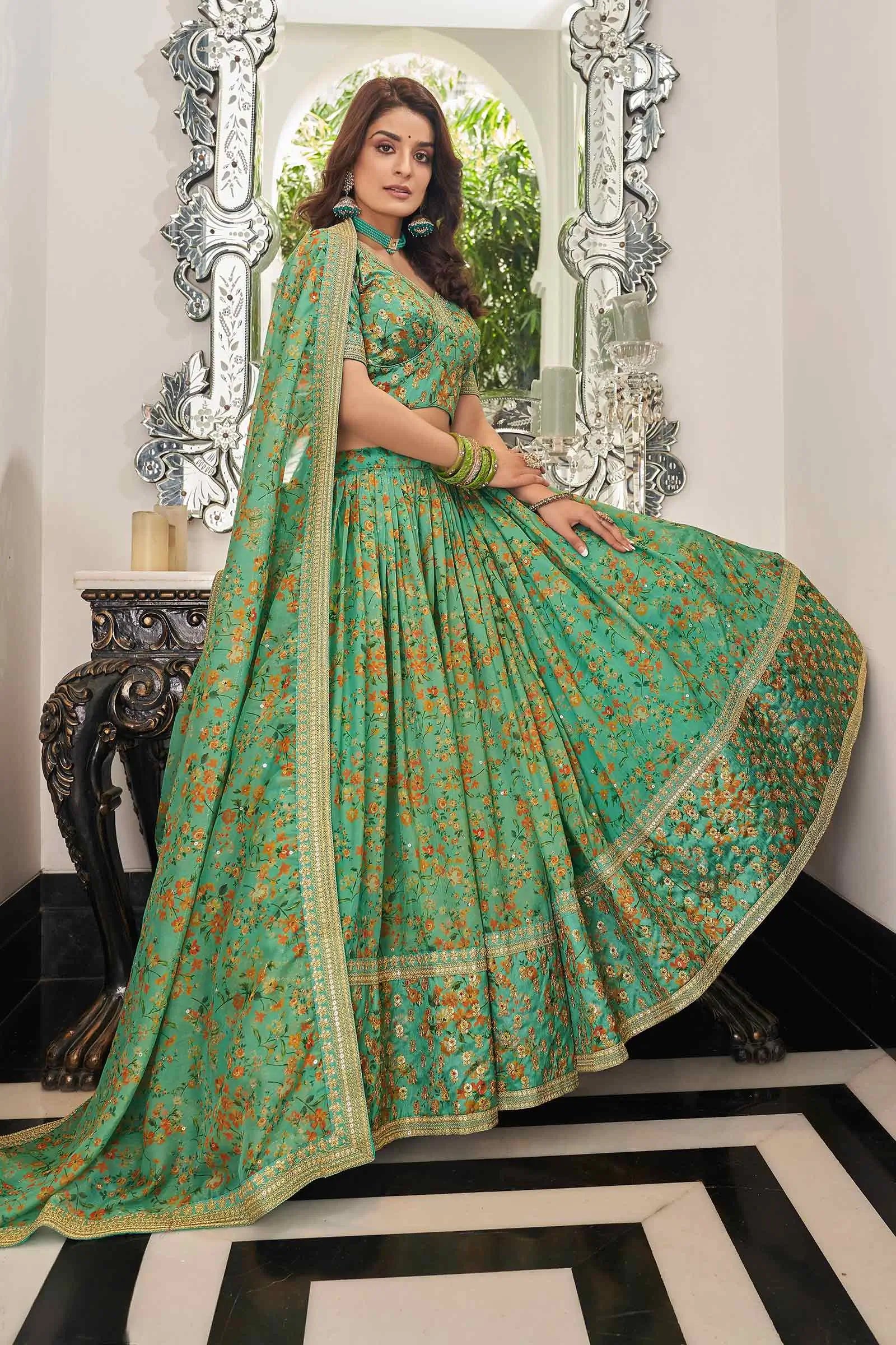 Pista Organza Floral Print Lehenga With Thread Zari Dori And Sequins Embroidery Work | Ready To Wear - qivii