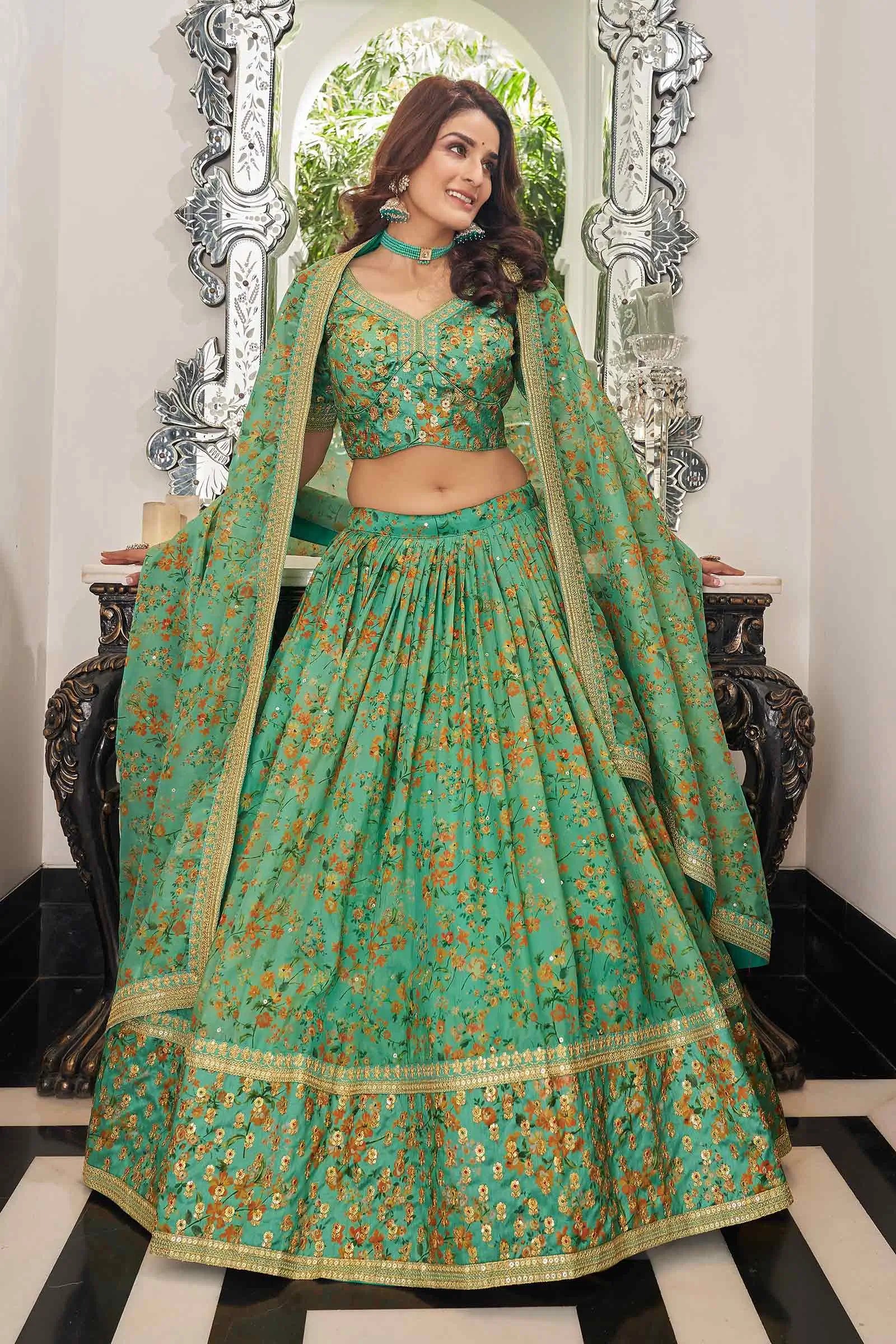 Pista Organza Floral Print Lehenga With Thread Zari Dori And Sequins Embroidery Work | Ready To Wear - qivii