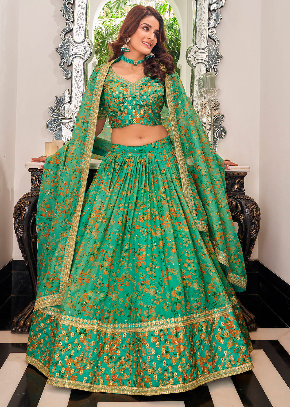 Jade Green Organza Lehenga with Thread, Zari,Dori & Sequins work | Ready To Wear - qivii