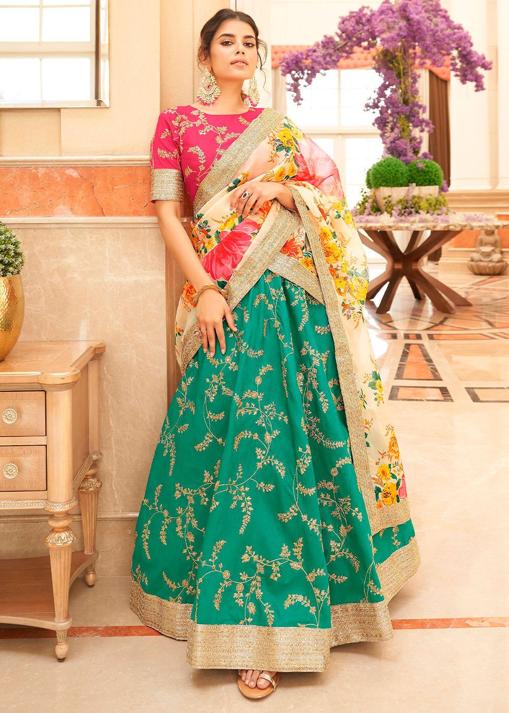 Green & Pink Art Silk Lehenga Choli with Thread, Zari,Dori & Sequins work | Ready To Wear - qivii