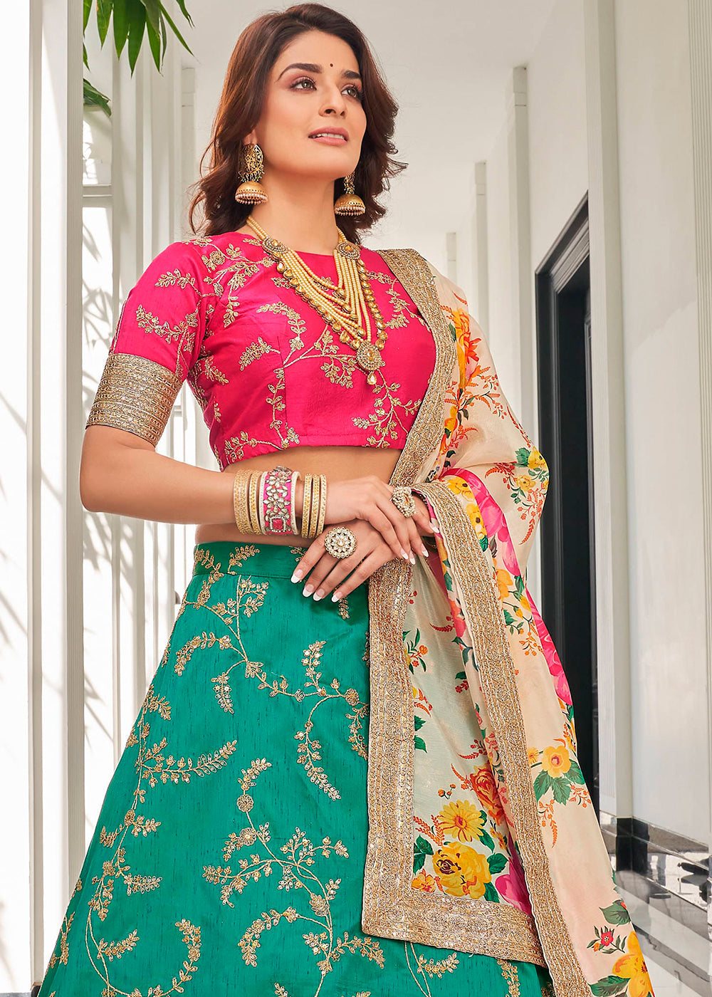 Green & Pink Art Silk Lehenga Choli with Thread, Zari,Dori & Sequins work | Ready To Wear - qivii