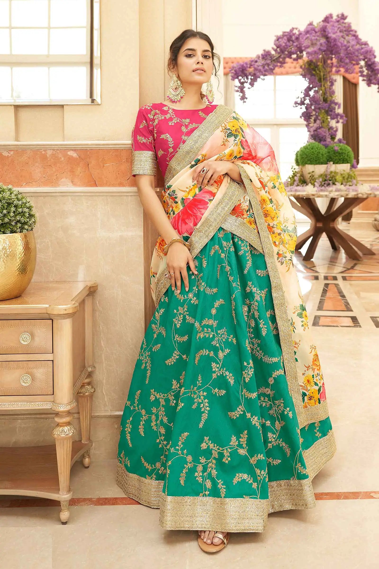 Green White Art Silk Lehenga With Thread Zari Dori And Sequins Embroidery Work | Ready To Wear - qivii