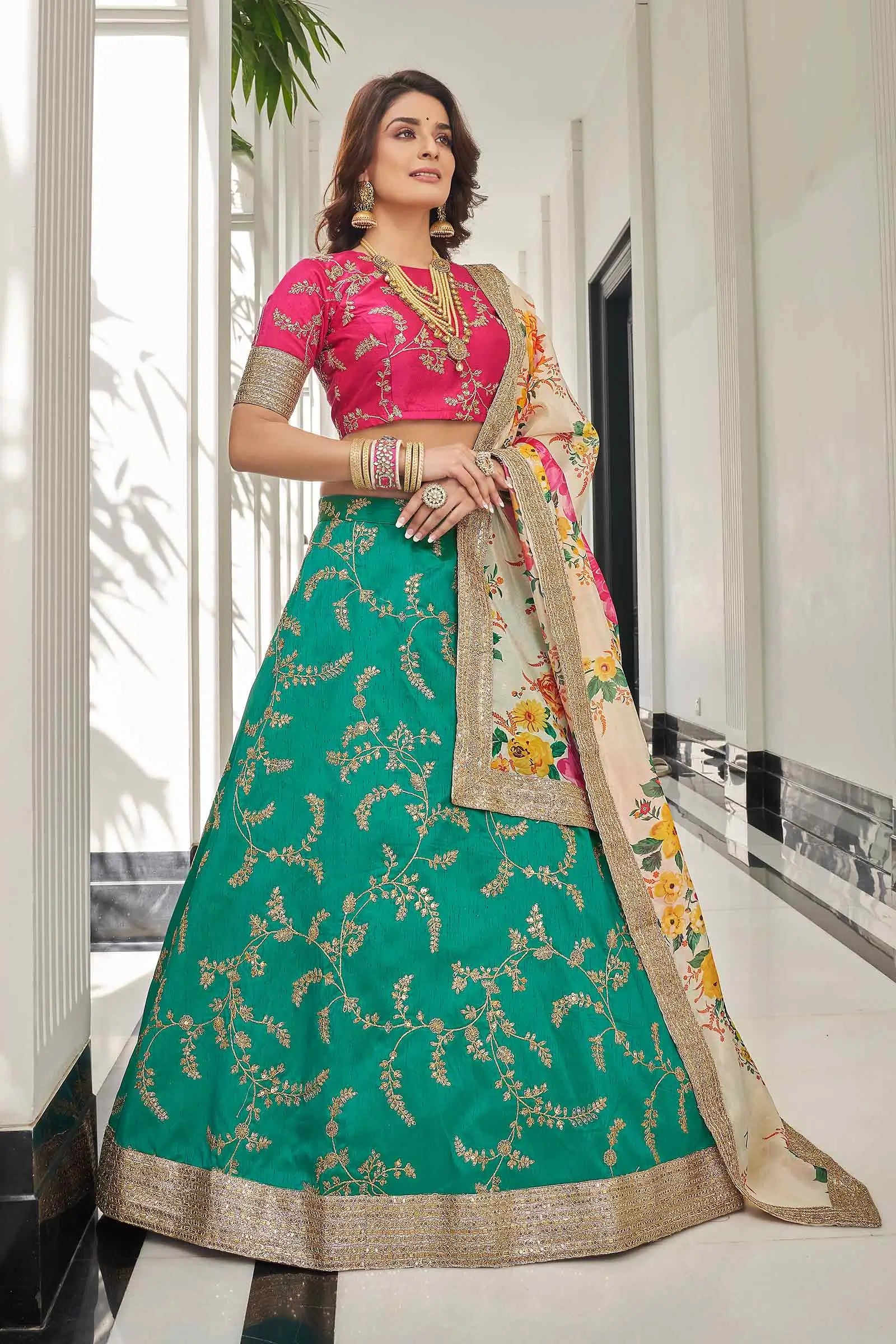 Green White Art Silk Lehenga With Thread Zari Dori And Sequins Embroidery Work | Ready To Wear - qivii