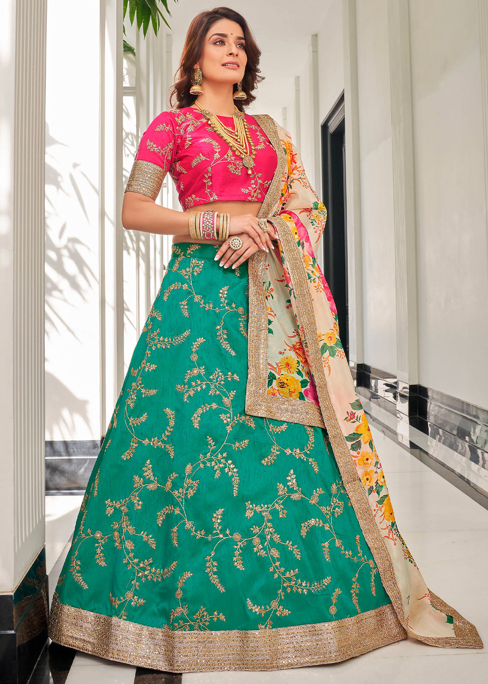 Green & Pink Art Silk Lehenga Choli with Thread, Zari,Dori & Sequins work | Ready To Wear - qivii