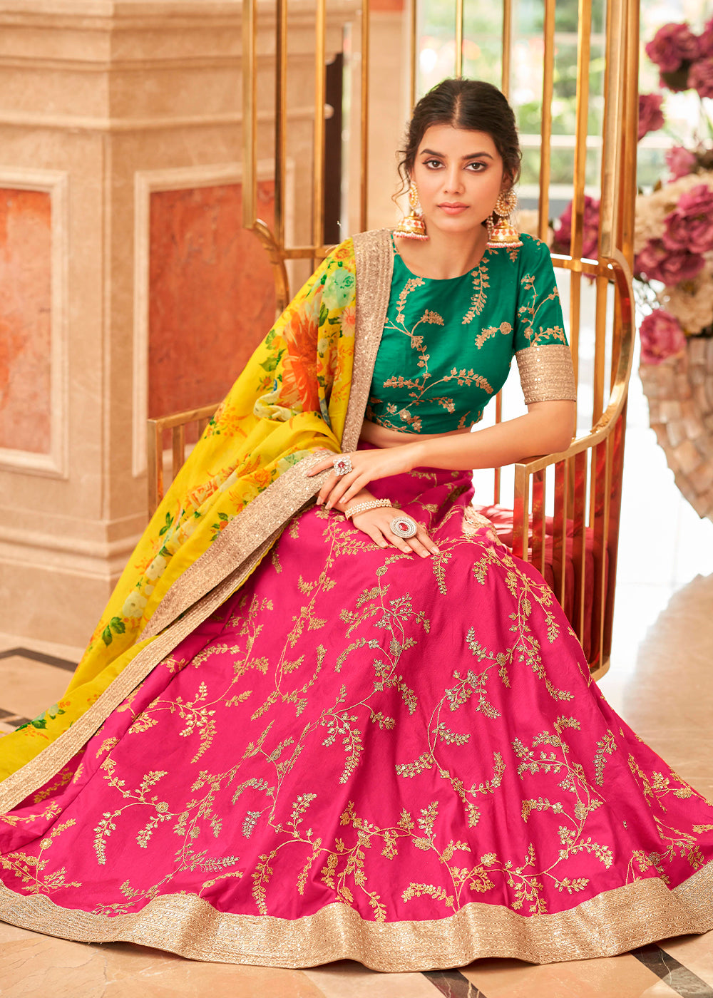 Bright Pink Art Silk Lehenga Choli with Thread, Zari,Dori & Sequins work | Ready To Wear - qivii